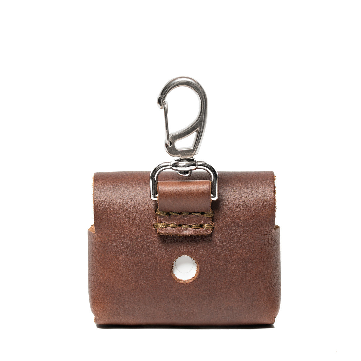Leather AirPods Pro Case in Chestnut, back view with carabiner clip and stitched loop