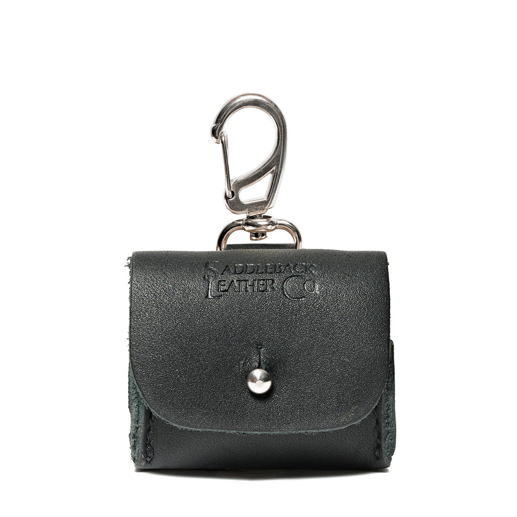 Leather AirPods Pro Case in Black, front view with embossed Saddleback logo, stud closure and carabiner clip