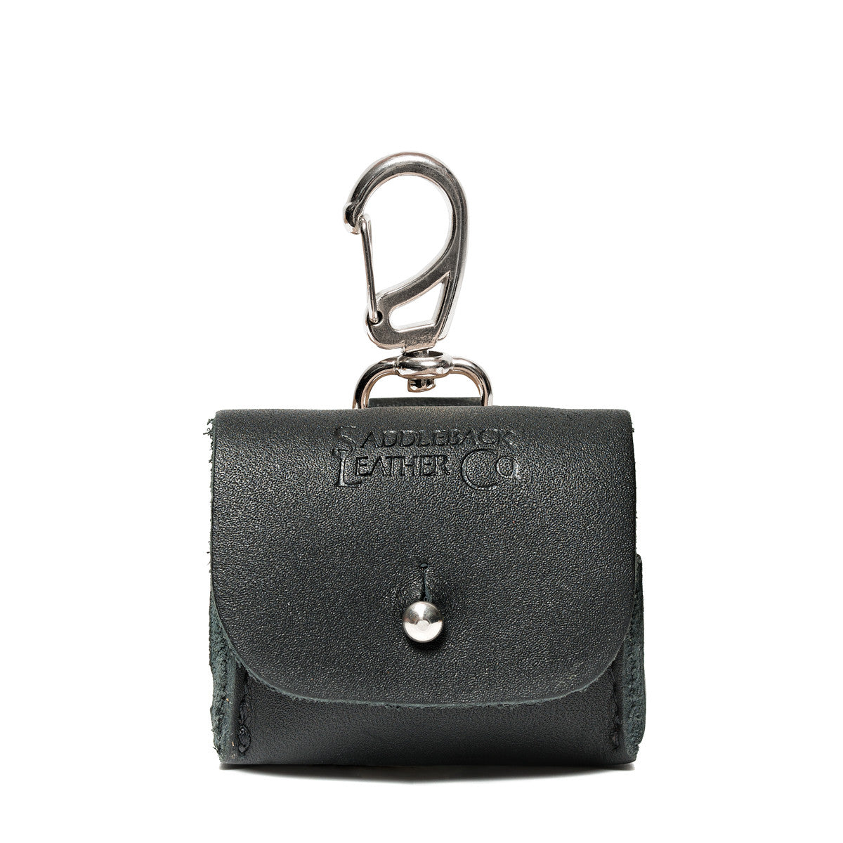 Leather AirPods Pro Case in Black, front view with embossed Saddleback logo, stud closure and carabiner clip