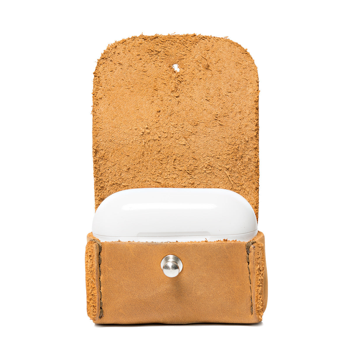 Leather AirPods Pro Case in Tobacco, flap open showing the suede lining and closed charging case inside