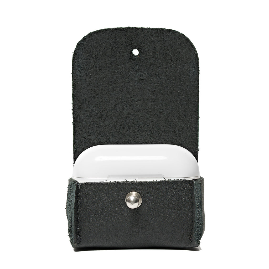 Leather AirPods Pro Case in Black, flap open showing the closed charging case seated inside
