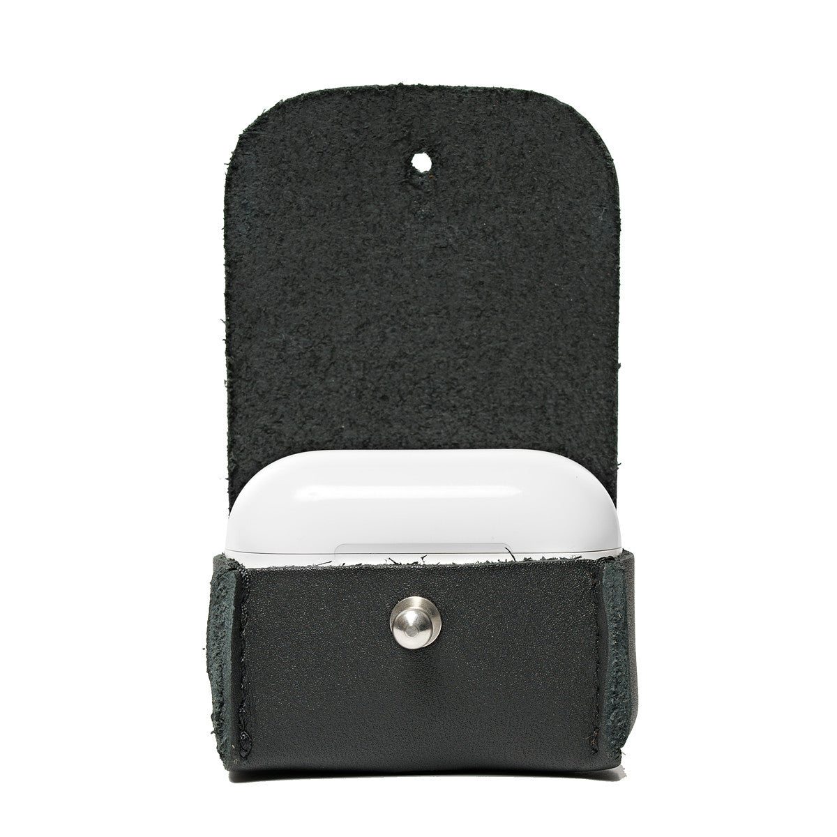 Leather AirPods Pro Case in Black, flap open showing the closed charging case seated inside