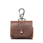 Leather AirPods Pro Case in Chestnut, front view with embossed Saddleback logo, stud closure and carabiner clip