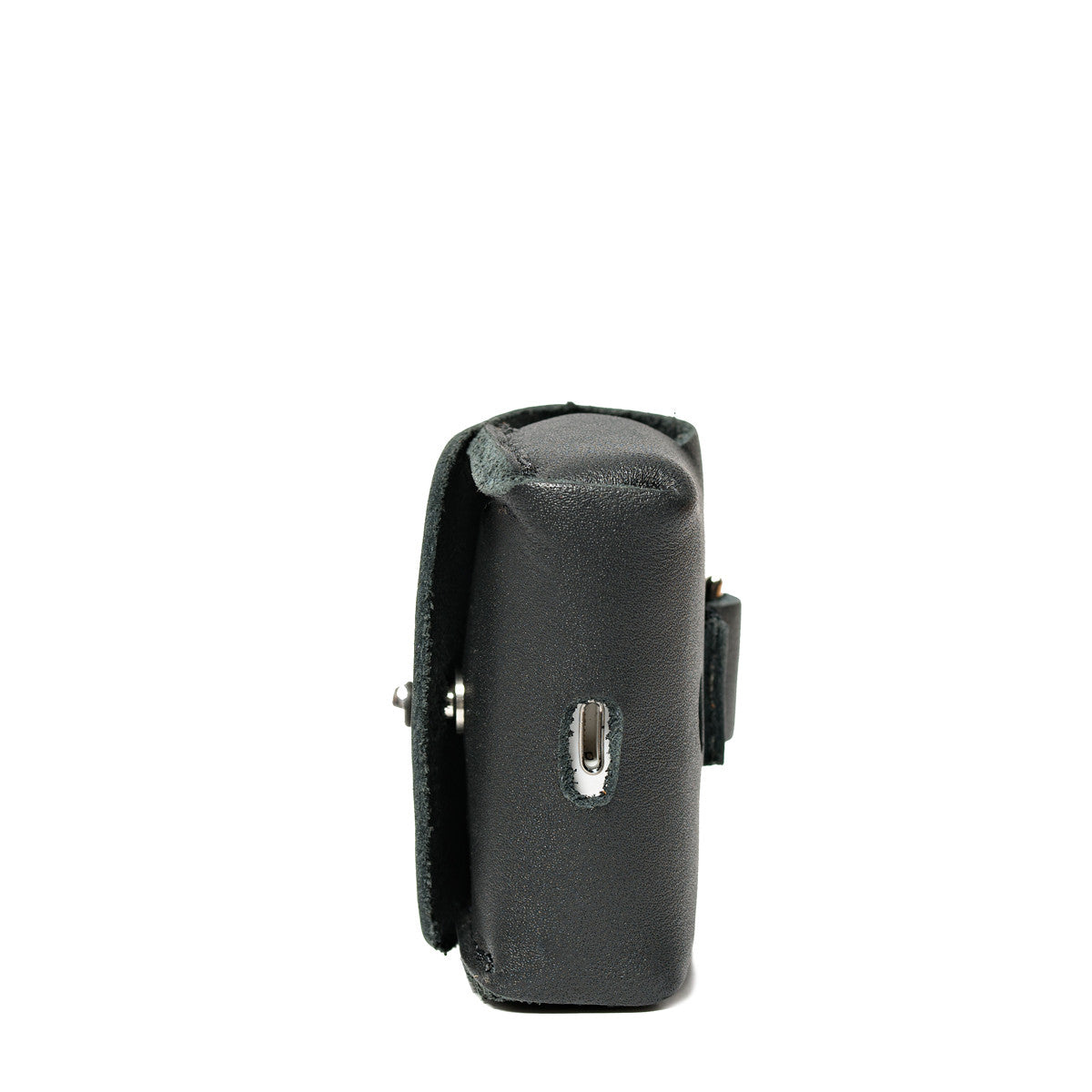 Leather AirPods Pro Case in Black, side view showing the stitched gusset and stud closure