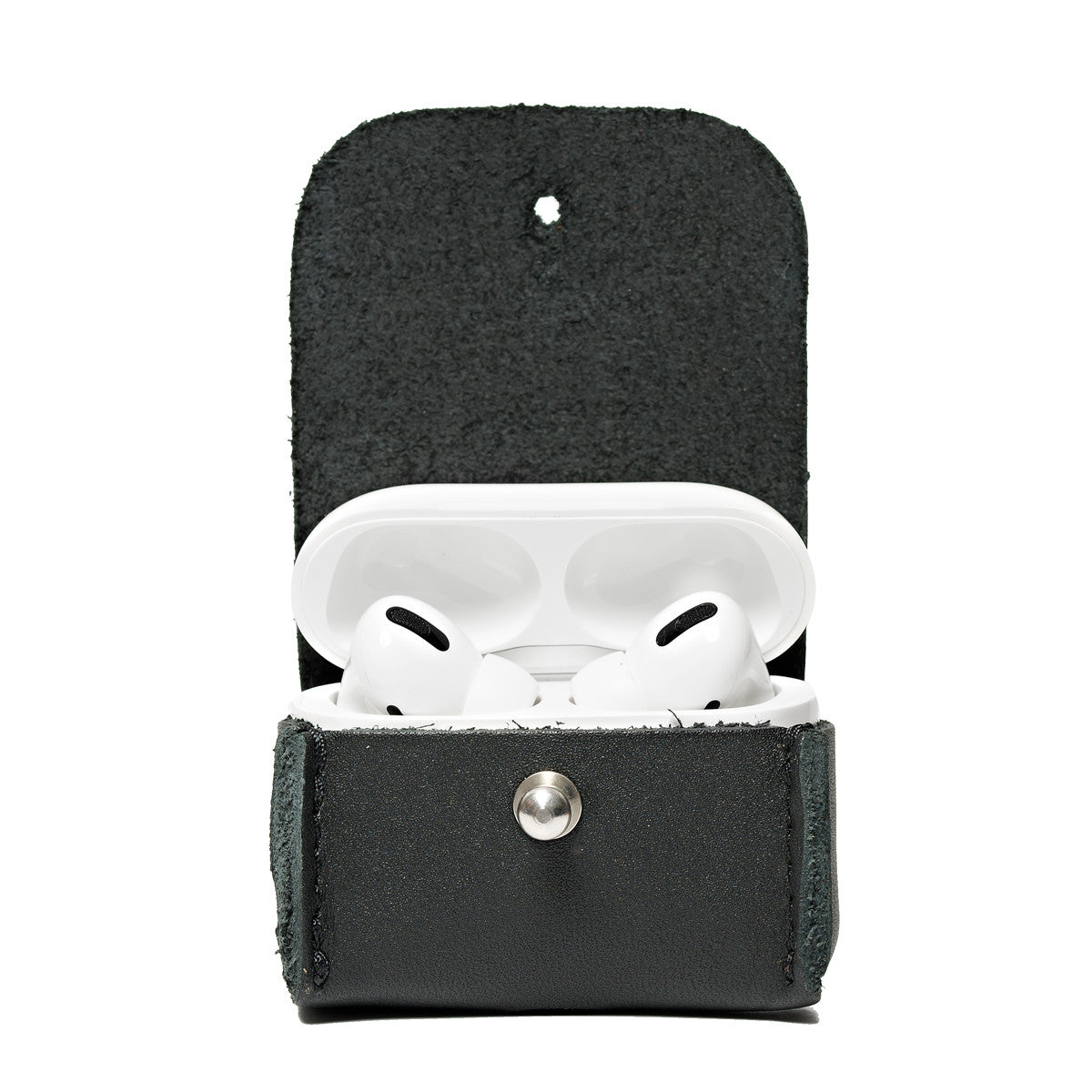 Leather AirPods Pro Case in Black, open with the charging case lid up showing the earbuds inside