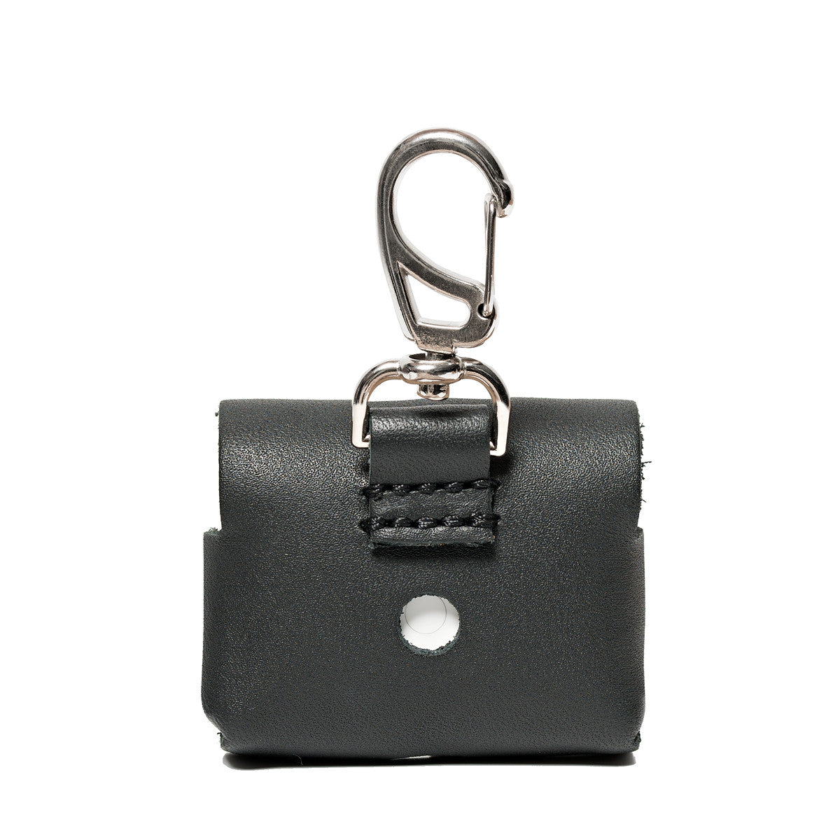 Leather AirPods Pro Case in Black, back view with carabiner clip and stitched loop
