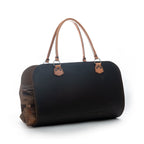 Leather Log Carrier in Dark Coffee Brown with tan carry handles, holding firewood, side view