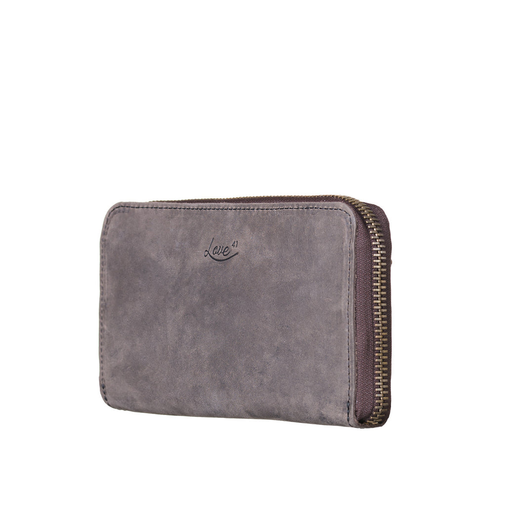 Continental Leather Wallet in Gray, angled front view showing zipper edge