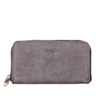 Continental Leather Wallet in Gray, front view showing zipper pull and embossed logo