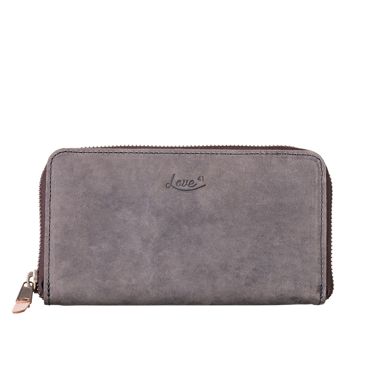 Continental Leather Wallet in Gray, front view showing zipper pull and embossed logo