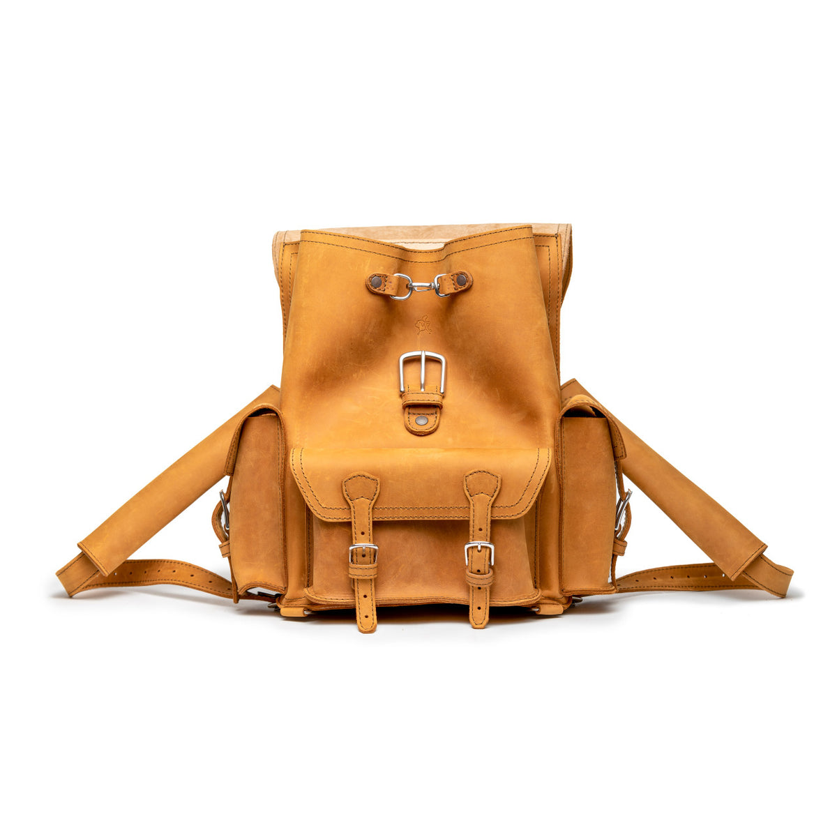 Front Pocket Leather Backpack in Tobacco, front view with flap folded back and front pockets
