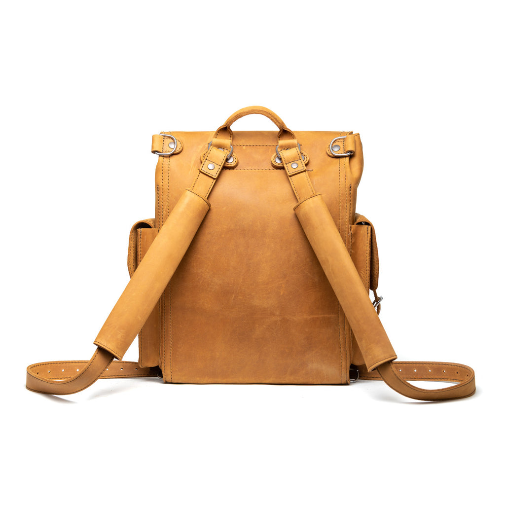 Tank Backpack in Tobacco, back view with padded shoulder straps and top handle