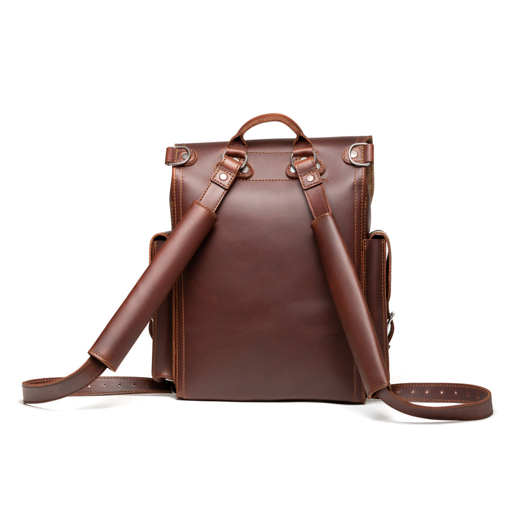 Tank Backpack in Chestnut, back view with padded shoulder straps and top handle