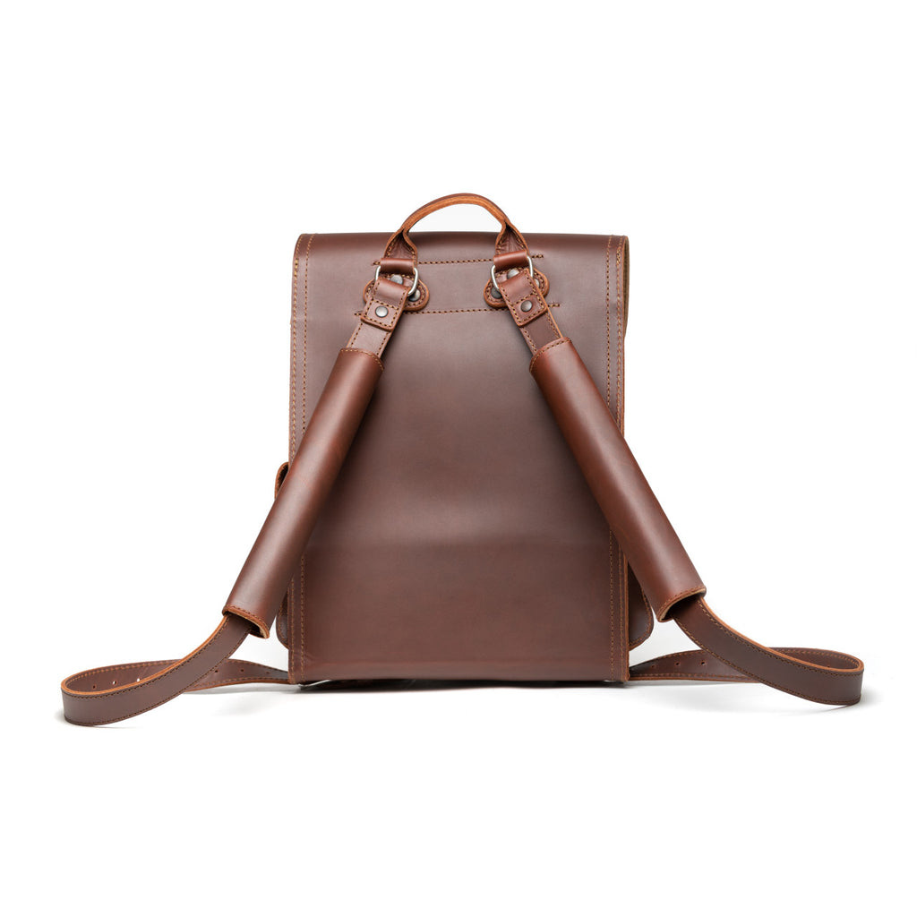Thin Front Pocket Leather Backpack in Chestnut, back view with padded shoulder straps and top handle