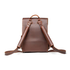 Thin Front Pocket Leather Backpack in Chestnut, back view with padded shoulder straps and top handle