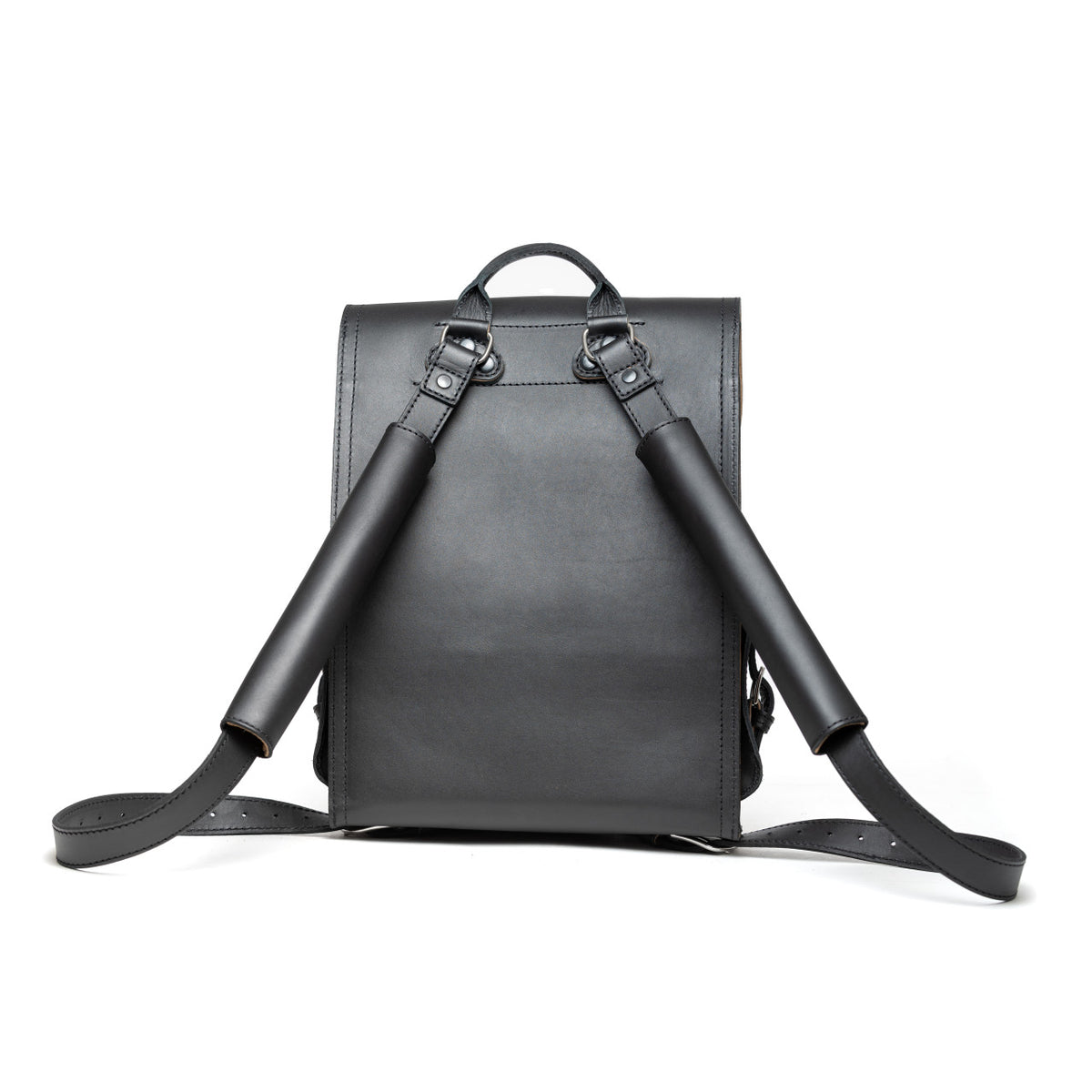 Thin Front Pocket Leather Backpack in Black, back view with padded shoulder straps and top handle
