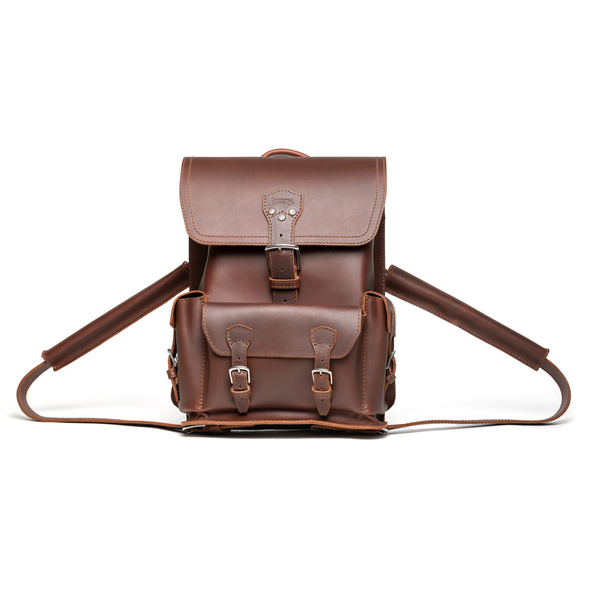 Thin Front Pocket Leather Backpack in Chestnut, front view with buckled flap and front pocket