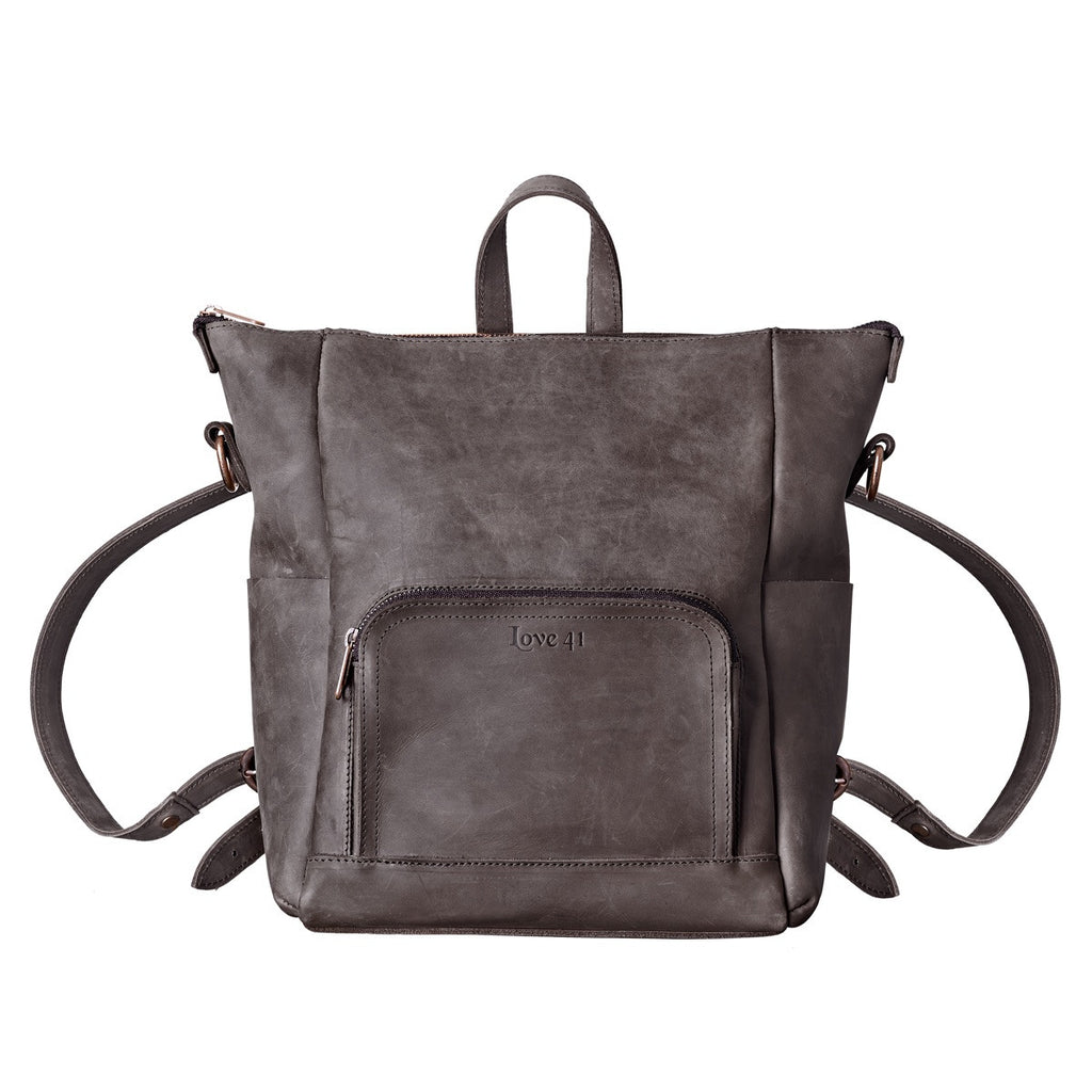 Universal Leather Backpack in Gray, front view showing zippered pocket and backpack straps