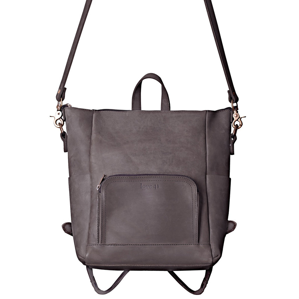 Universal Leather Backpack in Gray, front view with crossbody shoulder strap attached