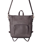 Universal Leather Backpack in Gray, front view with crossbody shoulder strap attached