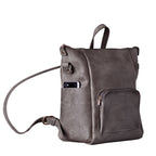 Universal Leather Backpack in Gray, angled view with a phone in the side pocket