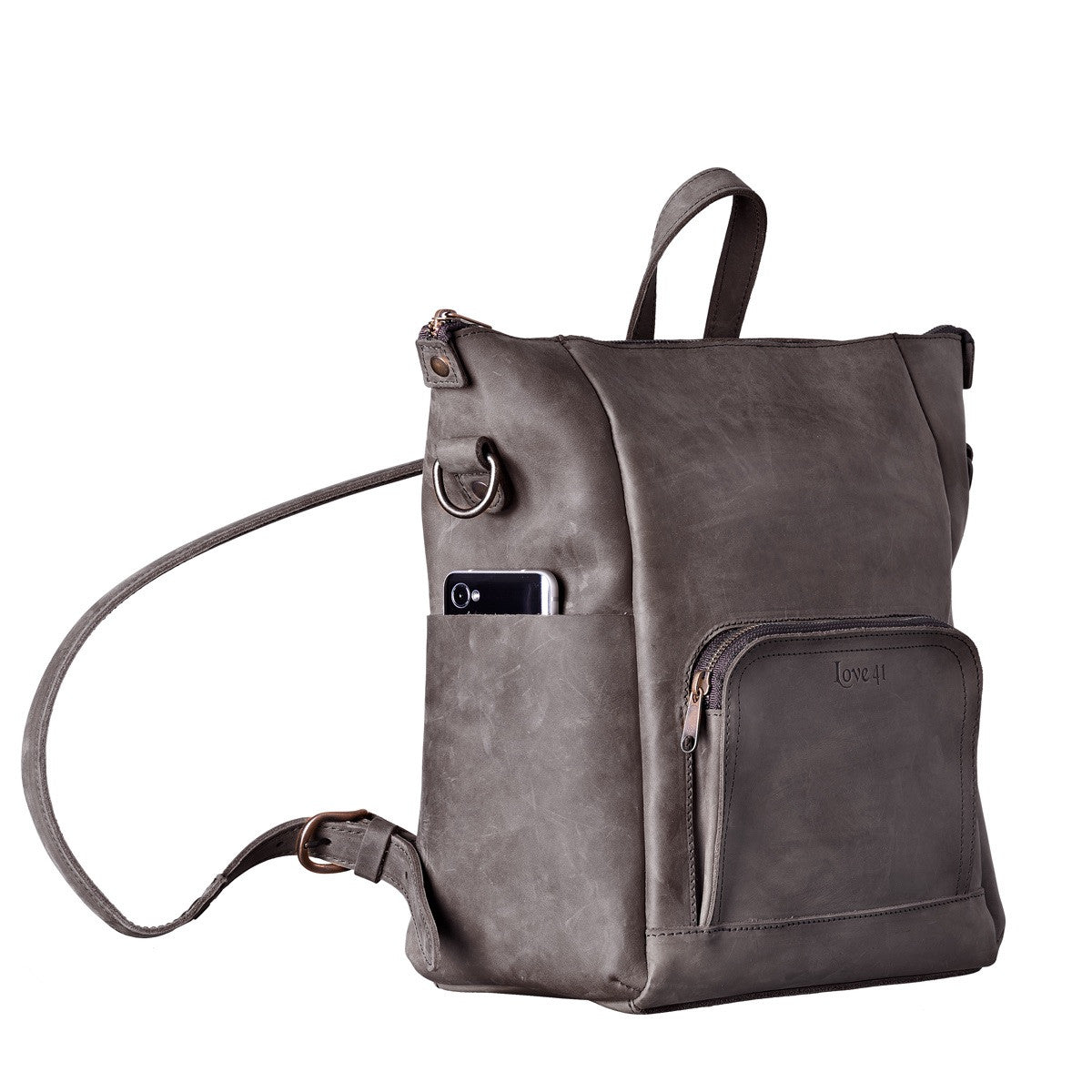Universal Leather Backpack in Gray, angled view with a phone in the side pocket