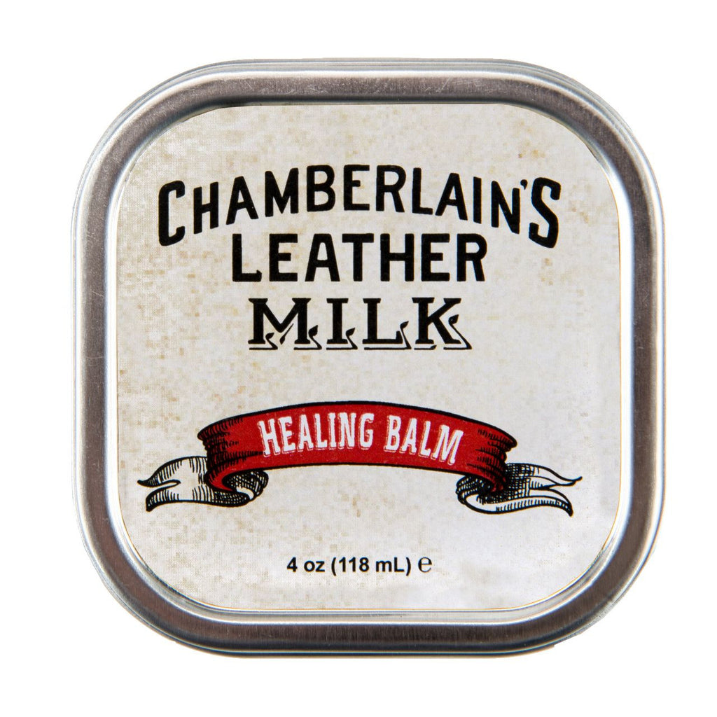 Chamberlain's Healing Balm leather restorer, top view of the 4 oz tin lid label
