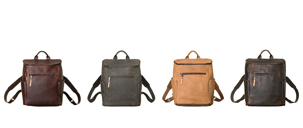All in One Leather Backpack lineup in Chestnut, Black, Tobacco and Dark Coffee Brown side by side
