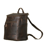All in One Leather Backpack in Dark Coffee Brown, angled front view with side pocket and shoulder strap