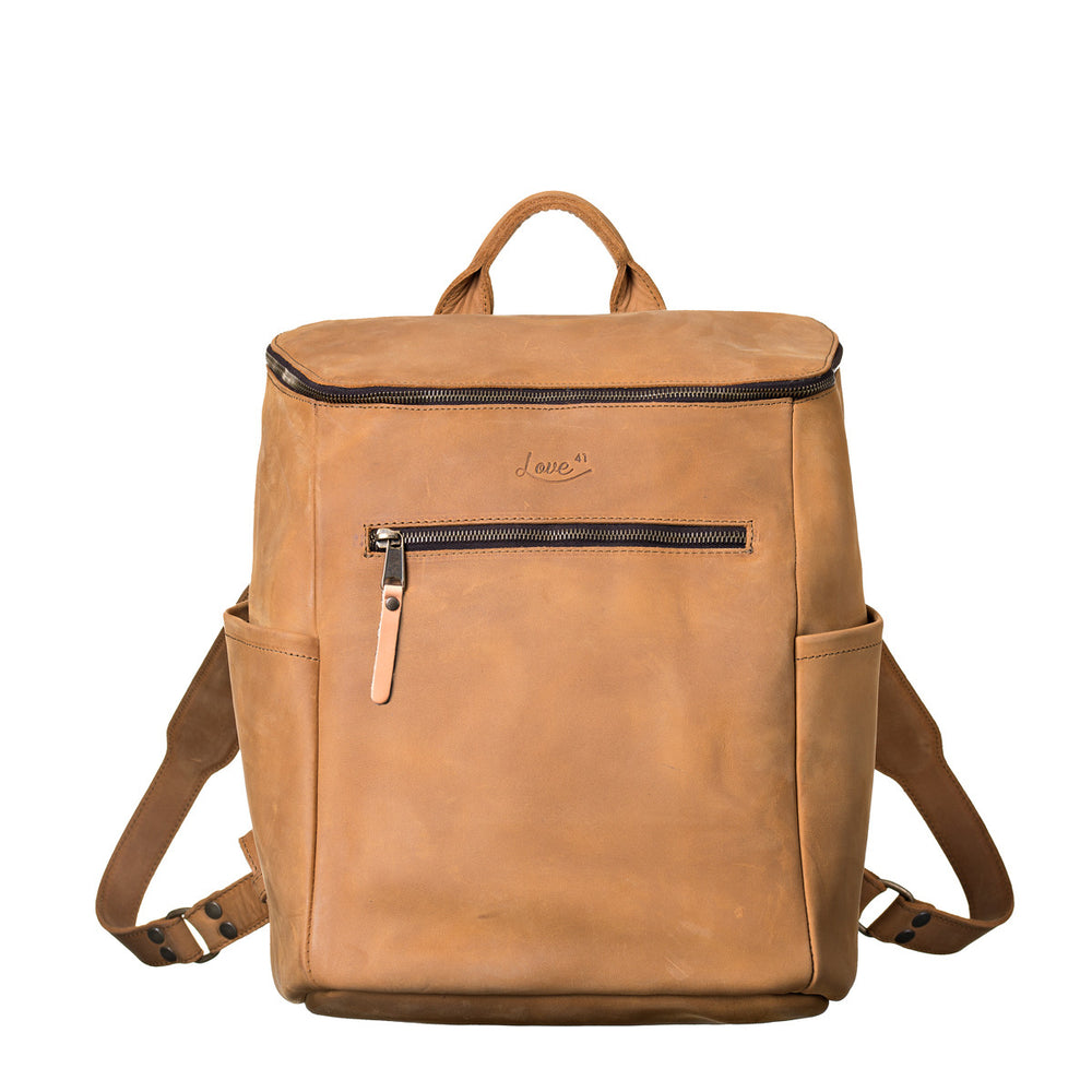 All in One Leather Backpack in Tobacco, front view showing zippered pocket, side pockets and straps