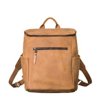 All in One Leather Backpack in Tobacco, front view showing zippered pocket, side pockets and straps