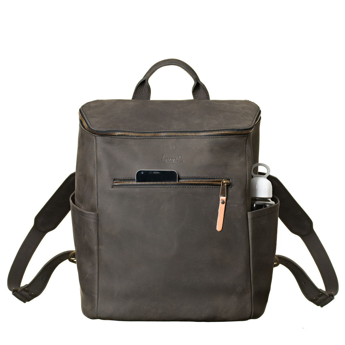 All in One Leather Backpack in Black, front view with a phone in the front pocket and bottle in the side