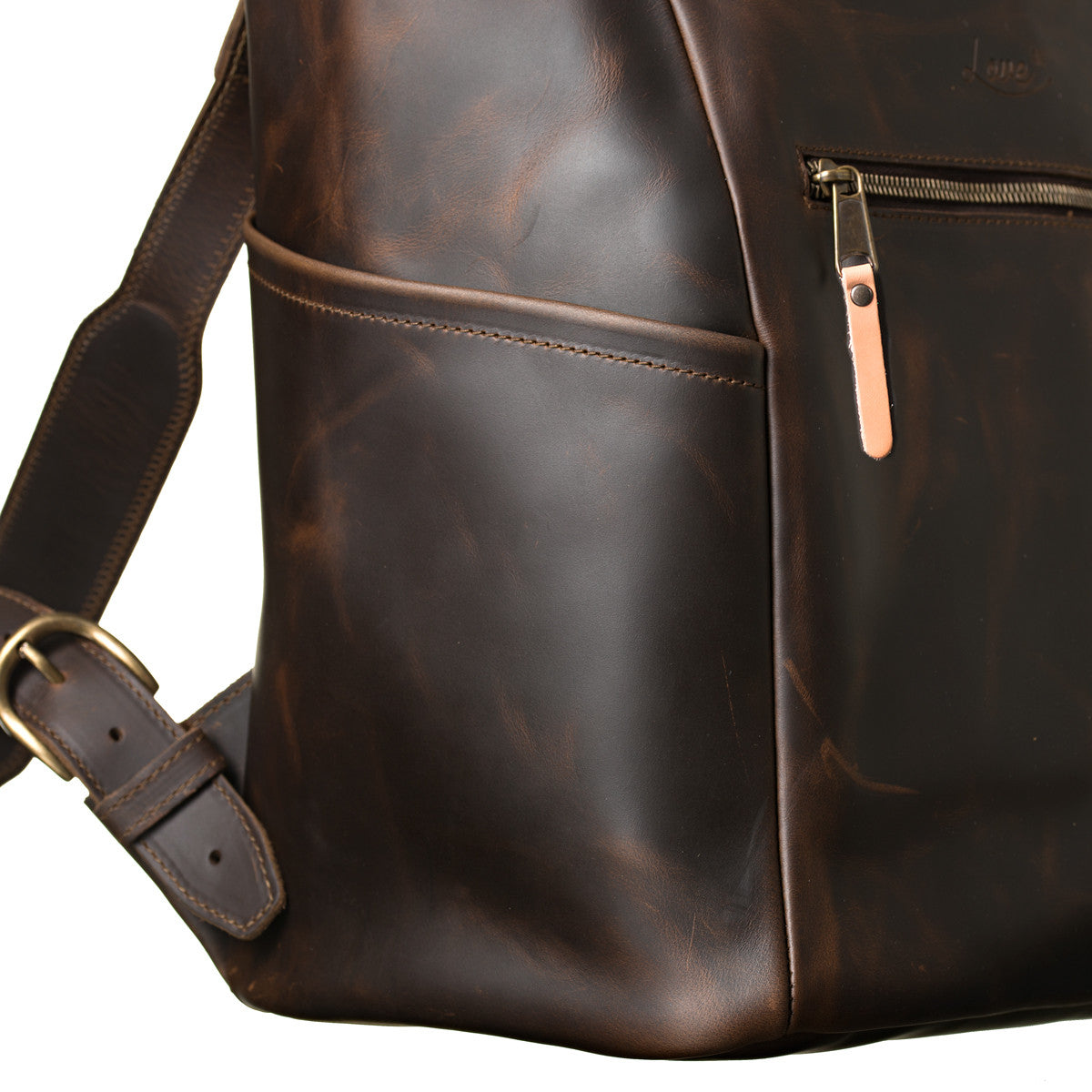 All in One Leather Backpack in Dark Coffee Brown, close-up of side pocket, zipper pull and strap buckle