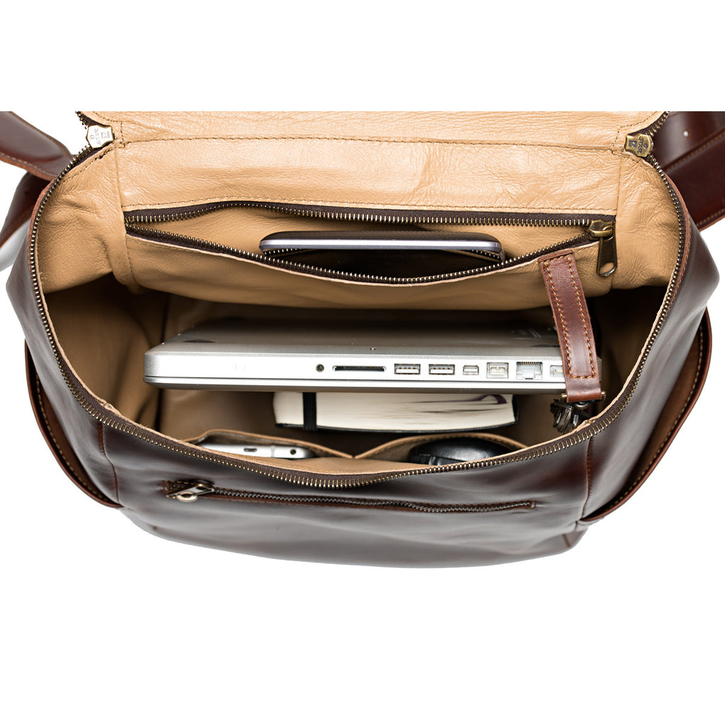 All in One Leather Backpack in Chestnut, open top view with laptop, phone and mouse inside