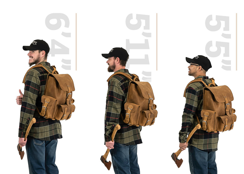 Front Pocket Leather Backpack in Tobacco, size comparison on men 6'4", 5'11" and 5'5" tall, side view