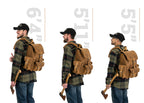 Front Pocket Leather Backpack in Tobacco, size comparison on men 6'4", 5'11" and 5'5" tall, side view