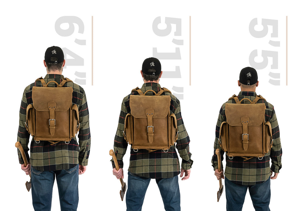 Tank Backpack in Tobacco, size comparison on men 6'4", 5'11" and 5'5" tall, back view