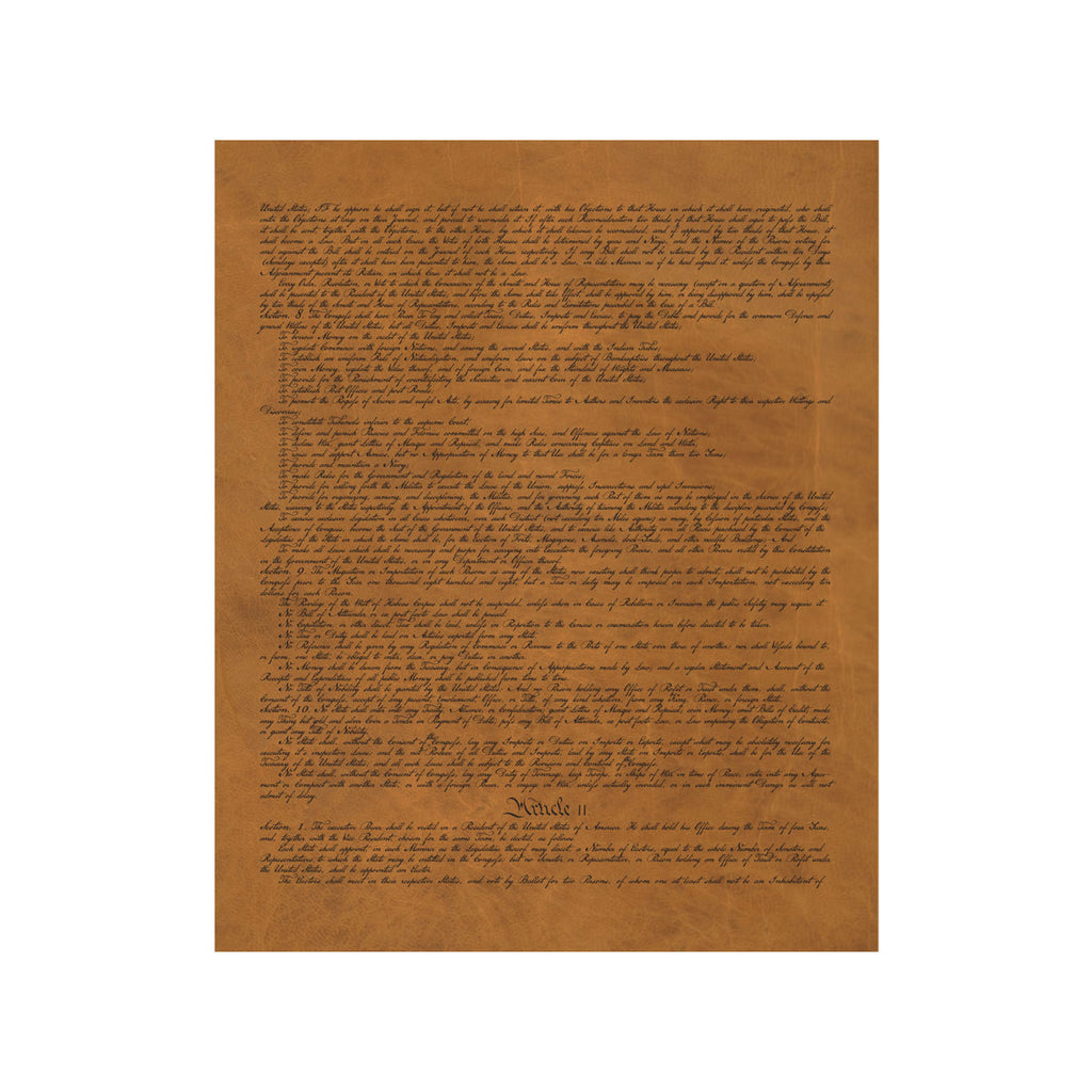 Leather Constitution of the United States, tan leather page continuing Article I into Article II