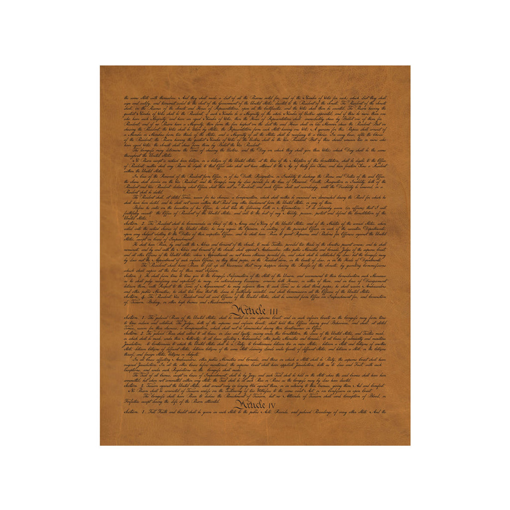 Leather Constitution of the United States, tan leather page with handwritten text through Article IV