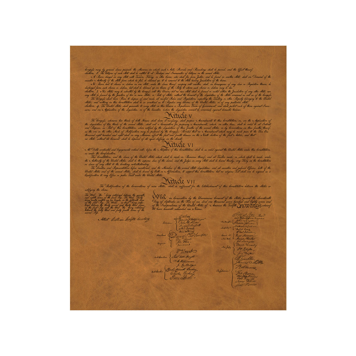 Leather Constitution of the United States, tan leather page with Articles V to VII and signatures
