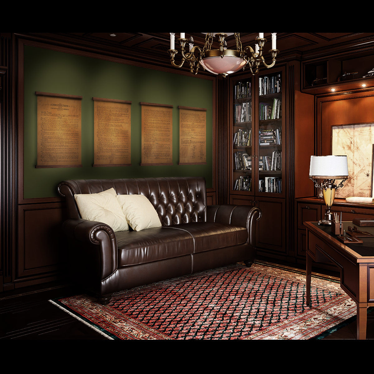 Leather Constitution of the United States, four tan leather pages hung above a sofa in a study