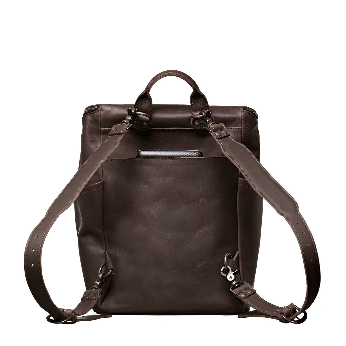 All in One Leather Backpack in Dark Coffee Brown, back view showing adjustable shoulder straps and back slip pocket