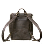 All in One Leather Backpack in Black, back view showing adjustable shoulder straps and back slip pocket
