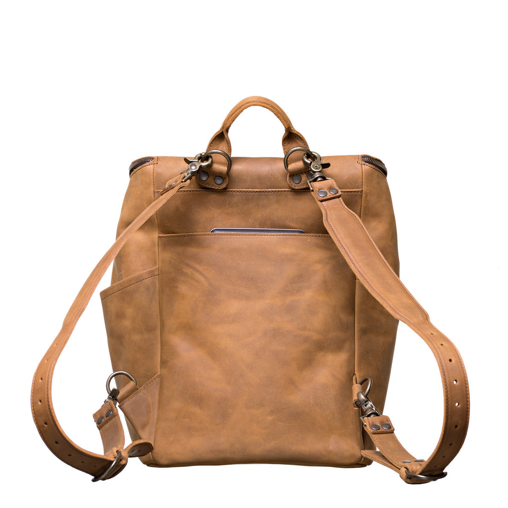 All in One Leather Backpack in Tobacco, back view showing adjustable shoulder straps and back slip pocket