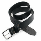 Old Bull Leather Belt in Black, size 32, coiled with riveted silver buckle