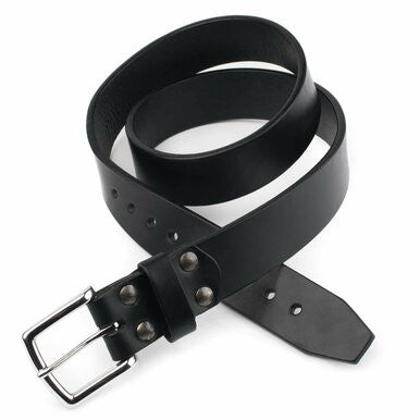 Old Bull Leather Belt in Black, size 32, coiled with riveted silver buckle