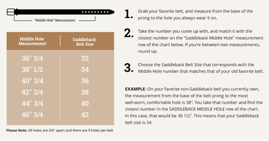 Old Bull Leather Belt size chart with pant size to belt size conversions and measuring steps