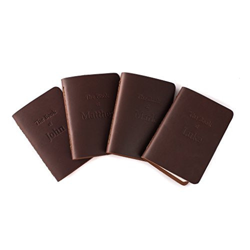 Leather Pocket Bibles Four Gospels in reddish brown, four embossed gospel books fanned out