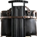 Leather Luggage Strap in Dark Coffee Brown buckled around a briefcase to secure it to a rolling suitcase handle