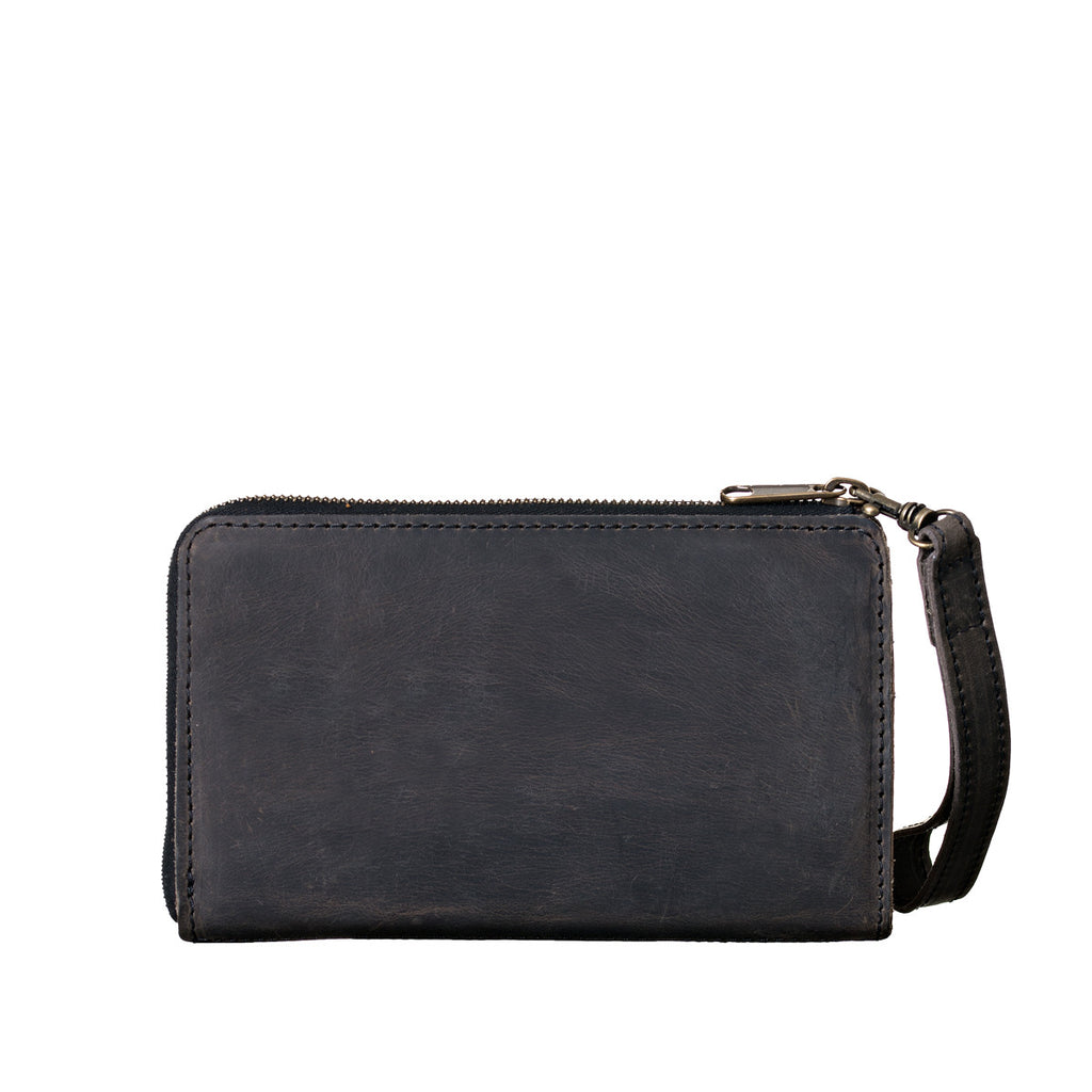Medium Wristlet Leather Wallet in black, plain back view with zipper and wrist strap